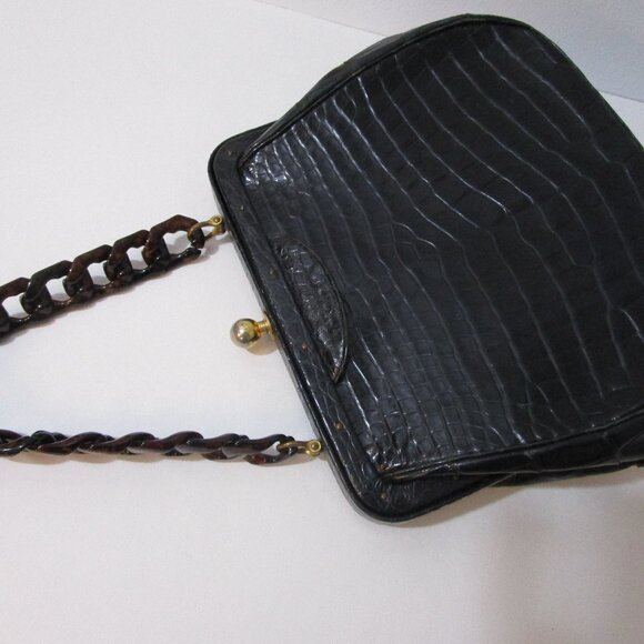 Crocodile Purse Top Handle Frame Vintage 1950s Glossy Black - Picture 5 of 16